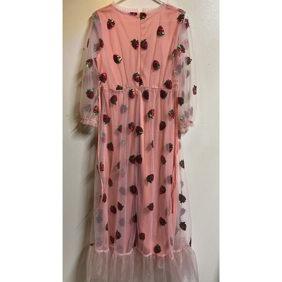 Handmade Regency Era Bridgerton Dress Large Strawberry Sequins Lace Maxi Pink - Picture 7 of 10